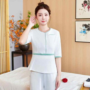 ユニフォーム レディース 美容サロン エステ スパ ネイル フットケア セラピスト 美容師 受付 制服 作業服 高級感 上下セット セットアップ アンサンブル ポリエステル ストレッチ素材 白 ネ