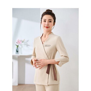 制服 レディース エステティシャン 美容師 マッサージ セラピスト エステサロン 美容院 スパ 養生館 施術着 ワークウェア 高級感 上品 エレガント 七分袖 半袖 セットアップ ツーピース ポリ