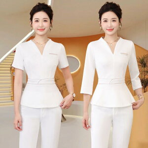 セットアップ ワンピース レディース 美容師 エステティシャン サロン スタッフ フットケア スパ 養生館 業務 制服 ユニフォーム 作業服 夏用 半袖 五分袖 Vネック 吸湿速乾 伸縮性 高弾力