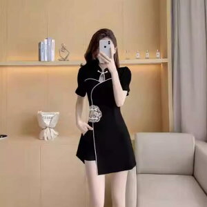 旗袍 レディース 改良チャイナドレス ショート丈 ノースリーブ スタンドカラー スリット入り 新中式 レトロ風 高級感 若年層向け ポリエステル ナイロン 伸縮性 ブラック ツーピース セット