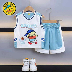 キッズ 男の子 バスケウェア 速乾 セットアップ 夏用 ノースリーブ ショートパンツ アヒル柄 ポリエステル 吸湿速乾 薄手 柔らか肌触り 運動 スポーツ 普段着 カジュアルウェア ネイビー ス