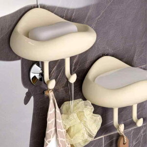 ソープディッシュ 雲型 壁掛け 石鹸置き 穴あけ不要 粘着式 水切り 石鹸ケース 収納ボックス フック付き バスルーム 浴室 洗面所 家庭用 アイボリー クリームカラー PP製 プラスチック製