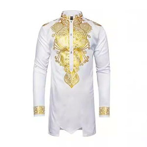 シャツ メンズ アフリカ民族風 イスラム 中東テイスト 箔押しプリント デザインシャツ ポリエステル生地 カジュアル 普段着 エレガントな着こなし