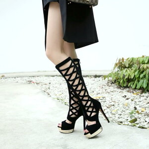 サンダルブーツ レディース グラディエーター風 セクシー カットアウト オープントゥ ハイヒール 厚底プラットフォーム ピンヒール バックジッパー スエード調 ナイトシーン パーティー ダ