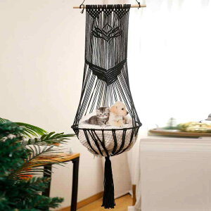 猫ベッド ペットハンモック ボヘミアン スタイル ハンドメイド マクラメ編み 綿ロープ コットン タッセル付き 吊り下げ式 壁掛け モダン シンプル タペストリー 天然木 パイン材 リビング