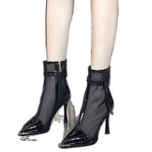 サンダル レディース サマーブーツ ブーティー メッシュ 透かし シースルー セクシー ハイヒール 太ヒール ミドルヒール ポインテッドトゥ ベルトバックル ストラップ フェイクレザー PUレ
