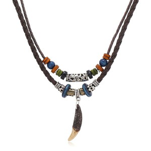 ネックレス メンズ 男女兼用 レトロ 民族風 ヴィンテージ 個性的な犬の牙モチーフ ペンダント 合皮 フェイクレザー 手作り 軽量 多層 ロング丈 重ね付け 普段使い カジュアルスタイル コー