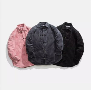 中綿ジャケット メンズ 男性用 中国風 レトロ 襟付き 厚手 保温 ゆったり デニム生地 綿混 ストライプ柄 チャイナボタン カジュアル 冬物 防寒 アウター