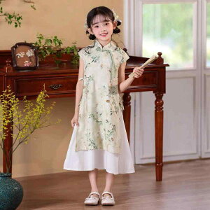ワンピース キッズ 女の子 古風改良 フレア 旗袍 刺繍 ロング丈 新チャイナ風 薄手 漢服 ドレス エスニック 民族衣装 ポリエステル シフォン 夏物 発表会 イベント フォーマル 花柄 パンダ柄