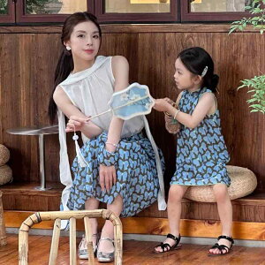 ワンピース 女児 キッズ 中華風 漢服 チャイナドレス風 スタンドカラー リボン 夏服 綿混紡 ブルー 青色 お出かけ 発表会 イベント フォーマル エスニック 民族衣装