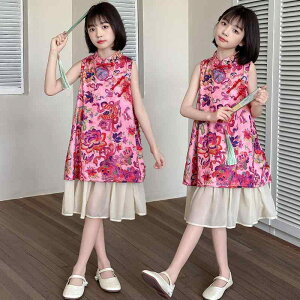 ワンピース 女の子 キッズ ジュニア 中華風 国風 漢服 チーパオ チャイナドレス 民族衣装 エスニック 夏物 花柄 薄手 軽量 綿混紡 コットンブレンド 赤 レッド