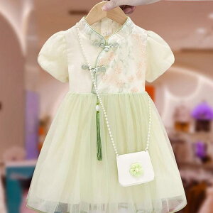 ワンピース キッズ 女の子 子供服 中国風 漢服 チャイナドレス 民族衣装 エスニック ライン フレア Aライン お姫様風 半袖 綿 コットン 夏服 普段使い お出かけ グリーン ピンク かわいい お