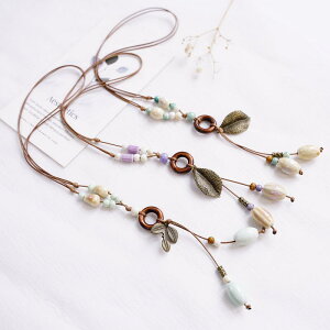 ネックレス 男女兼用 景徳鎮 陶器 民族風 エスニック レトロ アンティーク調 ロング リーフ タッセル フリンジ かわいい ナチュラル スイート 手作り ハンドメイド ミックス素材 ブルー グリ