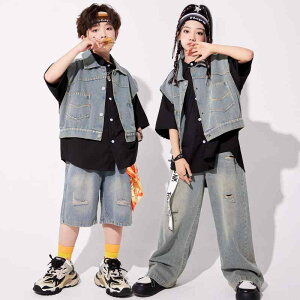 ダンス衣装 キッズ ジュニア 男の子 女の子 ストリート ヒップホップ 綿素材 セットアップ ツーピース デニムベスト デニムパンツ かっこいい クール 目立つ おしゃれ 発表会 ステージ 練習