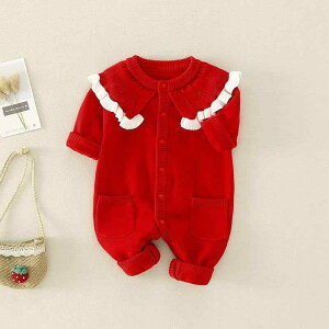 ロンパース 女の子 ベビー ニット 裏起毛 レッド プリンセス風 長袖 フード付き 春秋 100日記念撮影 生後1ヶ月 お宮参り お食い初め 記念日 カバーオール 赤ちゃん服 つなぎ 柔らか 暖かい か