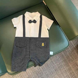ロンパース ベビー 男の子 重ね着風 フェイクツーピース 紳士風 綿100% コットン 半袖 薄手 夏物 刺繍 キャラクター 生後1ヶ月 1歳 誕生日 お宮参り お祝い フォーマル おしゃれ グレー ホワイ