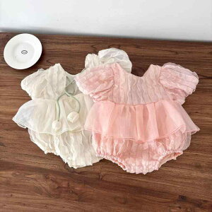 ロンパース 女の子 ベビー 夏服 半袖 パフスリーブ チューリップ柄 バックオープン カバーオール かわいい おしゃれ 満月祝い お宮参り セレモニー 薄手 シフォン ポリエステル アプリコッ