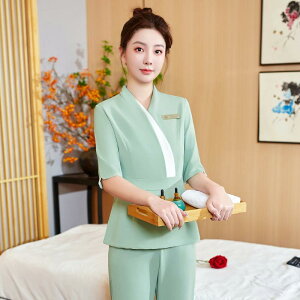 ユニフォーム レディース 美容院 エステサロン 養生館 足裏マッサージ SPA セラピスト 美容師 施術者 七分袖 Vネック セットアップ ロングパンツ ポリエステル スパンデックス 防汚加工 上品