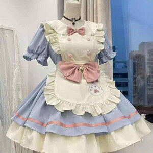 ロリータドレス レディース メイド服 コスプレ 衣装 ワンピース かわいい 学生服 大きいサイズ Aライン ロング丈 長袖 ハイネック パフスリーブ 麻 シワ加工 ブルーピンク ブラックホワイト