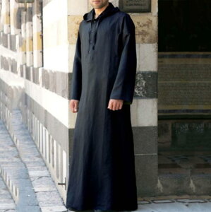 シャツ メンズ アラビア風 ムスリムスタイル フード付き ロング丈 長袖 プルオーバー 吸湿速乾 綿 麻 リネン ルーズフィット シンプル カフタン トップス