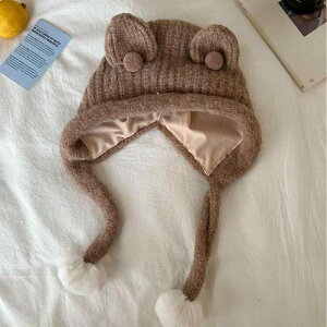 ニット帽 ベビー キッズ 子供用 くま耳 かわいい 耳当て付き 防寒 保温 防風 あったか やわらかニット 無地 冬物 ホワイト ブルー ピンク イエロー ブラウン レッド 幼児 赤ちゃん 帽子