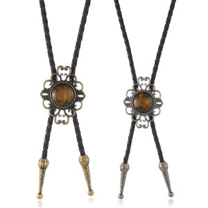 ボロタイ 男女兼用 メンズ レディース レトロ ヴィンテージ 編み込み 人工皮革 フェイクレザー ハンドメイド 合金製 花柄 フラワー ペンダント ブロンズカラー アンティークシルバー タイア