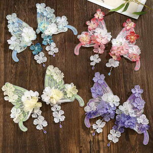 髪飾り レディース 和風 漢服スタイル 絹花 フラワーヘアクリップ バレッタ 舞う蝶々 リボン 蝶結び 優雅 繊細 パステルカラー 花モチーフ ヘアアクセサリー
