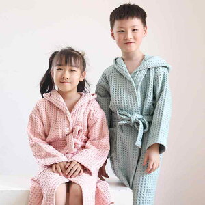 子供 キッズ 男女兼用 純綿 ワッフル生地 二重仕立て 厚手 吸水性 バスローブ ルームウェア 部屋着 パジャマ 寝巻き 和服襟 フード付き ホワイト ピンク グリーン