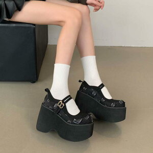 マリージェーンシューズ レディース デニム ダメージ加工 ラウンドトゥ 浅履き バックルストラップ 中ヒール 厚底 ウェッジソール 脚長効果 ロリータスタイル カジュアル 普段使い 無地 ブ