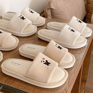 スリッパ メンズ 男性用 ルームシューズ 綿麻素材 軽量 快適 やわらか底 吸汗性 通気性 蒸れにくい かわいい犬柄 室内履き リラックス おうち時間 カジュアル 春夏 デイリーユース