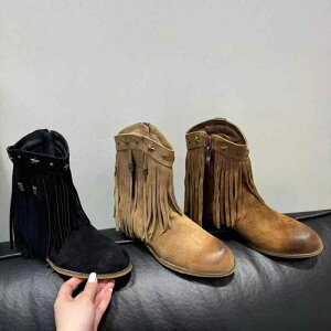 ショートブーツ レディース レトロ スエード フリンジ スタッズ チャンキーヒール ウエスタンブーツ ラウンドトゥ サイドジップ