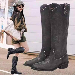 ブーツ レディース 女性用 ウエスタンブーツ ジョッキーブーツ 本革 牛革 レトロ クラシック 刺繍 スタッズ ポインテッドトゥ 太ヒール ミドルヒール ロング丈 スタイルアップ 脚長効果 プ