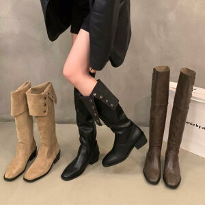 ブーツ レディース ニーハイブーツ ロングブーツ ウエスタンブーツ ライディングブーツ くしゅくしゅブーツ スクエアトゥ チャンキーヒール ミドルヒール レトロ 低身長向け 超繊維 ゴム底