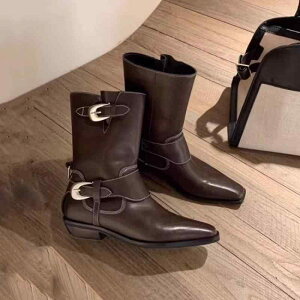 ショートブーツ レディース スクエアトゥ メタルバックル チャンキーヒール 太ヒール ウエスタンブーツ カウボーイブーツ 本革 牛革 ショート丈 秋冬 裏ボア カジュアル 普段使い ブラック