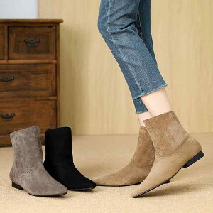 ブーツ レディース ウエスタンブーツ ポインテッドトゥ 太ヒール レトロ 本革 スエード ショートブーツ 春 秋 ローヒール プルオン 身長アップ 耐摩耗 ブラック ベージュ グレー