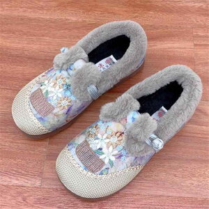 コンフォートシューズ 布靴 レディース 冬用 新中式 民族風 刺繍 フラットシューズ 裏ボア 厚手 保温 防寒 コットン 綿 フェイクファー ミセス ママシューズ ラウンドトゥ 普段使い カジュア