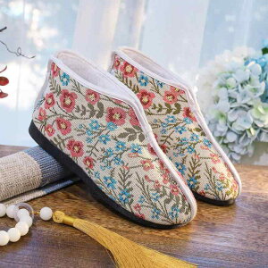 コンフォートシューズ 布靴 レディース 秋冬物 北京スタイル レトロ 刺繍 スリッポン 軽量 保温 暖かい キャンバス フェイクファー ラウンドトゥ フラットヒール 中高年 シニア ママ おばあ