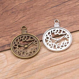 アクセサリーパーツ 透かし彫り スチームパンク 丸型 目覚まし時計 モチーフ ペンダントトップ チャーム DIY ハンドメイド 合金製 2色展開 アンティークシルバー アンティークブロンズ