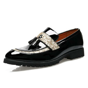 ローファー メンズ ポインテッドトゥ タッセル スパンコール グリッター PUレザー ブリティッシュ カジュアル 通気性 ローヒール スクエアヒール スリッポン 夏用 シルバー ブラック ゴール