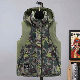中綿ベスト メンズ 男性用 厚手 保温 防寒 ジレ スタンドカラー 大きいサイズ ビッグサイズ ゆったり カジュアル 普段使い 通学 日常着 ポリエステル 迷彩柄 ジップポケット
