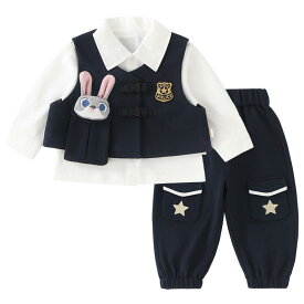 子供服セット 女の子 ベビー キッズ うさぎ警官 シャツ ベスト パンツ 春秋 長袖 長ズボン 綿 カジュアル プレッピー 普段着 お出かけ セット コーディネート
