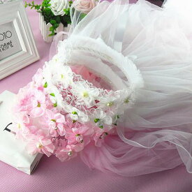 ヘッドドレス 子供 髪飾り 花 カチューシャ キッズ ヘアアクセサリー 結婚式 発表会 誕生日会 ベール 女の子 ピンク パープル ホワイト