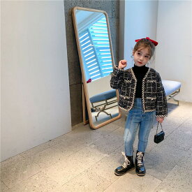ツイード 女の子 2022年 春秋 子供服 小さな 女の子 韓国 ショート丈 ジャケット レトロ トップス 黒