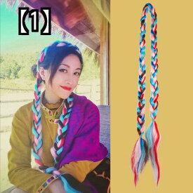 カラー エクステ 三つ編み 編み込み ヘア ダンス コスプレ ウィッグ つけ髪 グラデーション ロング ツイスト ポニーテール 民族風 カラフル