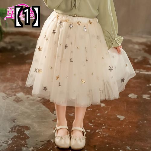 チュチュ スカート キッズ 秋冬 女の子 子供服 メッシュ 韓国 スパンコール 刺繍 ミドル丈 ベージュ チュール 衣装