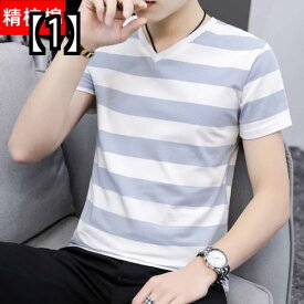 tシャツ メンズ 半袖 vネック トップス カジュアル 大きいサイズ 綿 春夏 太 ストライプ 韓国 スリム ブルー ブラック ピンク