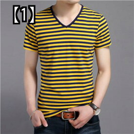 tシャツ メンズ 半袖 vネック トップス カジュアル 大きいサイズ 春夏 ボーダー 韓国 スリム 薄手 黄色 ボルドー 黒