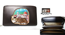 マンハッタナーズ Manhattaner's ワッペンシリーズ ラウンドファスナー マルチウォレット 長財布 ネコ＆建物柄ワッペン 猫 牛革 レディース 財布