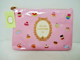 スクレ・ラデュレ　LADUREE　マカロン＆パティスリー柄　ロゴ入り　フラットポーチ　（ピンク）