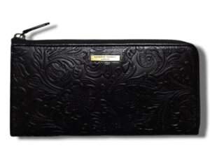 キャサリン・ハムネット KATHARINE HAMNETT チャロ L字ファスナー 長財布 薄マチ ボタニカル柄 型押し イタリア牛革 ブラック クロ レディース財布